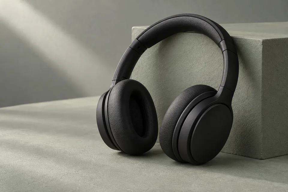 Black over-ear headphones resting on a sage green block